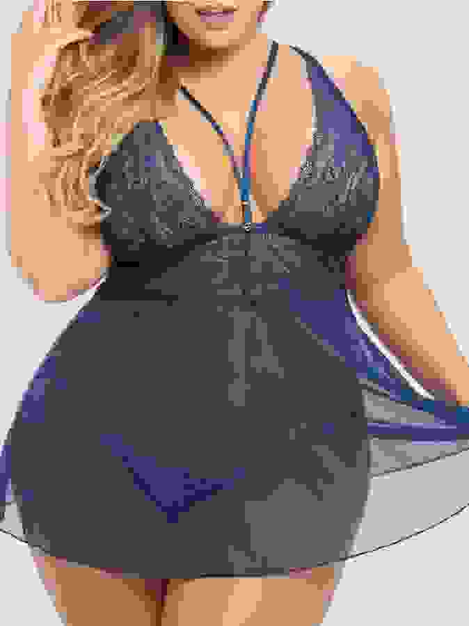 Lovehoney Plus Size Late Night Liaison Blue Lace Babydoll Set, Navy, hi-res